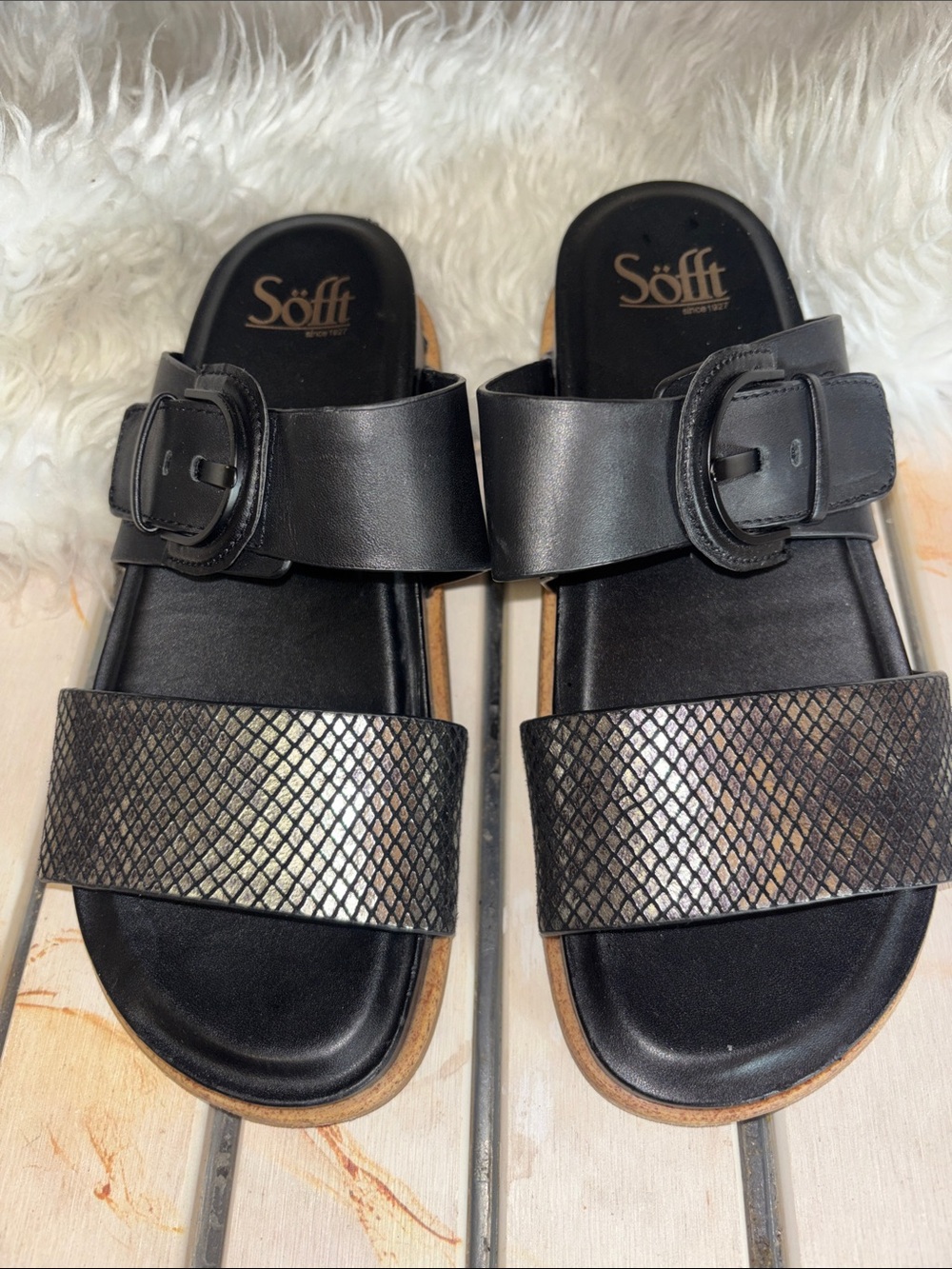 Sofft Amalfi Black Leather Wedge Slide Sandals Shoes Women’s Size 7